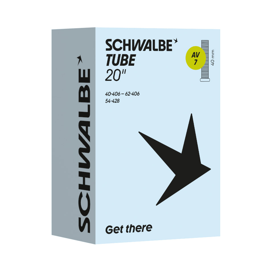 Schwalbe AV7 inner tube 20-inch packaging with size information and Schrader valve details.
