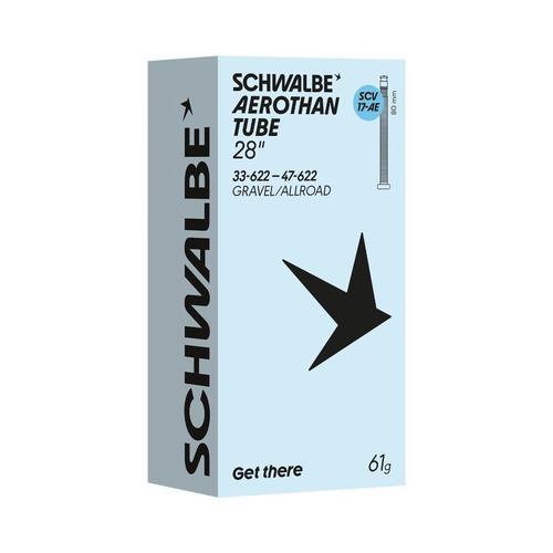 Schwalbe Aerothan 28" gravel inner tube packaging featuring lightweight design and aluminium valve, perfect for allroad tires.