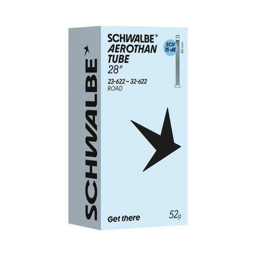 Schwalbe Aerothan Lightweight Inner Tube 28 inch Road Presta Clik Valve 80mm packaging with specifications.