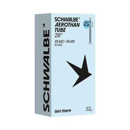 Schwalbe Aerothan Lightweight Inner Tube 28 inch Road Presta Clik Valve 80mm packaging with specifications.