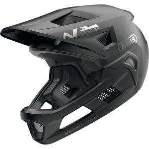 ABUS YouDrop FF Kids Full Face MTB Helmet in Muted Black for young riders, size 48-55cm, providing safety on trails.