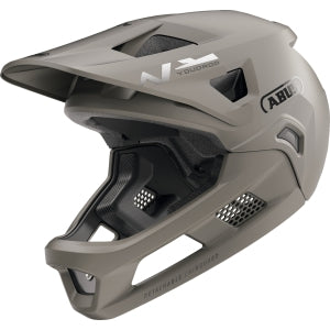 ABUS YouDrop FF kids full face MTB helmet in dust grey side view, safe for adventurous mountain biking.