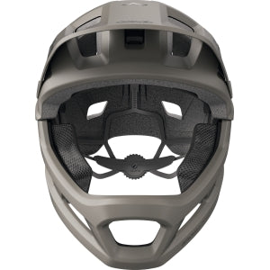 ABUS YouDrop FF kids full face MTB helmet in dust grey, showing interior and interior padding design.