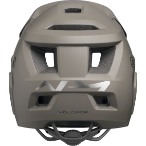 ABUS YouDrop FF kids full face MTB helmet back view in dust grey color, designed for safety and comfort.