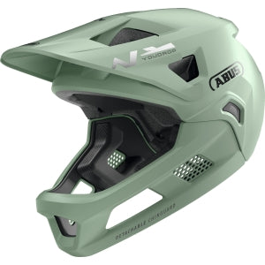 ABUS YouDrop FF kids full face MTB helmet in Mist Green, designed for safety on adventurous trails.