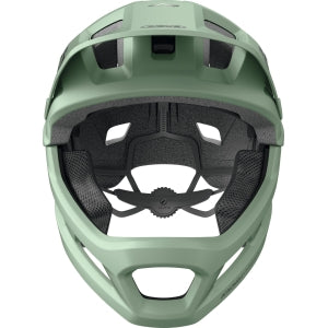 ABUS YouDrop FF kids full face MTB helmet in Mist Green, inside view, designed for safety and comfort for young riders.