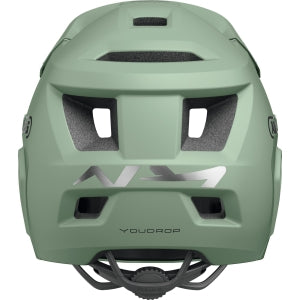 ABUS YouDrop FF kids full face MTB helmet in Mist Green, back view highlighting ventilation and design.