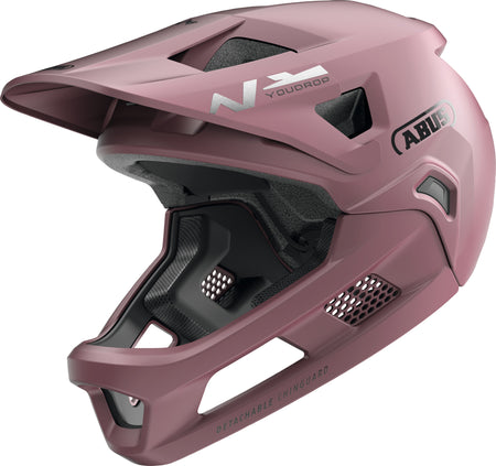 ABUS YouDrop FF Kids Full Face MTB Helmet in Blush Red 48-55cm, ideal kids full face MTB helmet for safety and comfort.