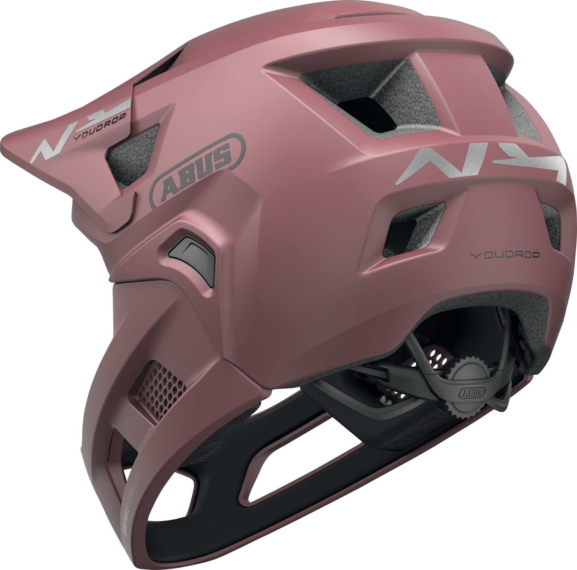 ABUS YouDrop FF Kids Full Face MTB Helmet in Blush Red for kids full face MTB helmet, size 48-55cm.