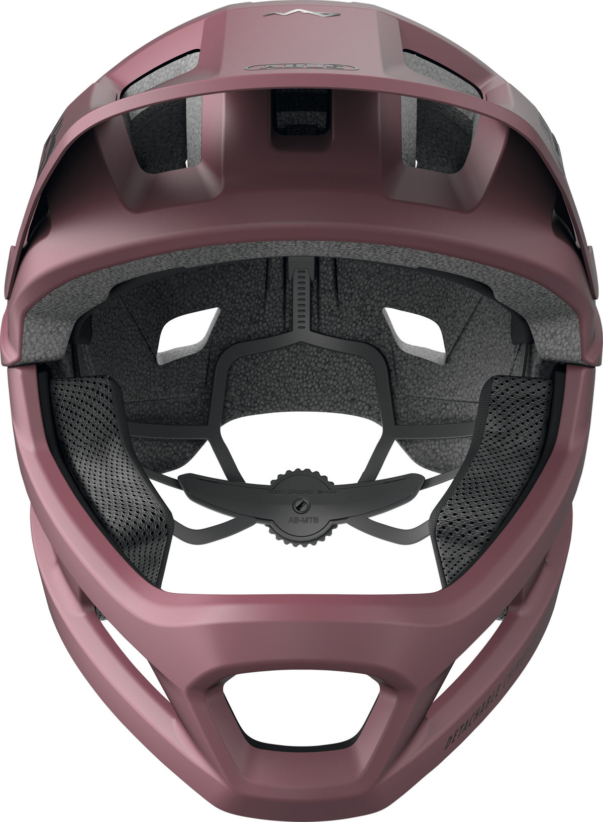 Interior view of the ABUS YouDrop FF Kids Full Face MTB Helmet in Blush Red, showcasing padding and adjustable fit features.
