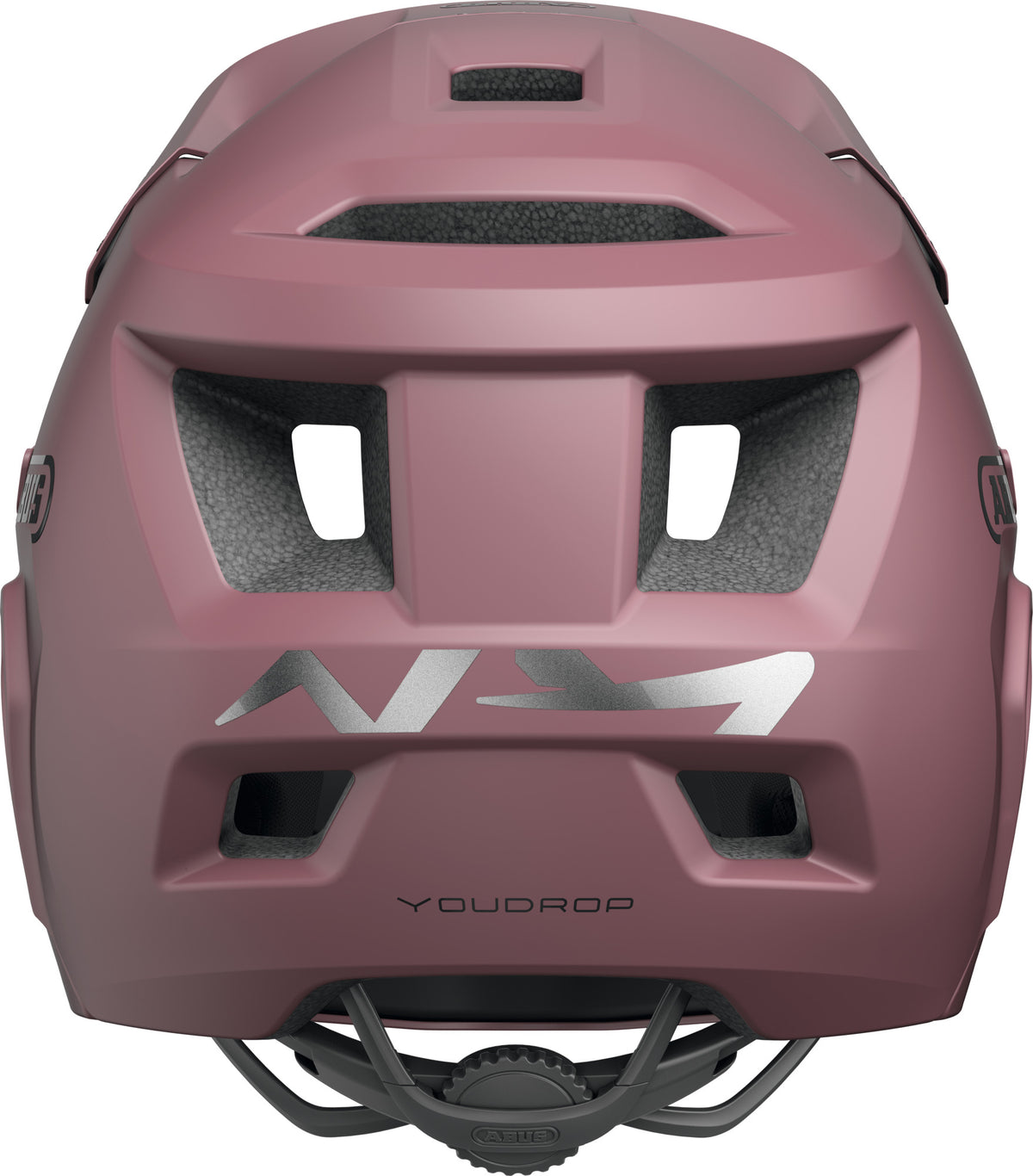 Back view of ABUS YouDrop FF kids full face MTB helmet in blush red, showcasing ventilation and adjustable fit.