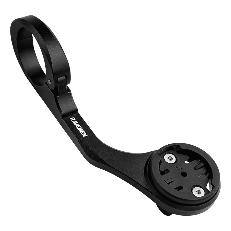 Ravemen AOM02 Aluminium Out-Front Mount for Garmin Wahoo Bryton equipped on a bicycle handlebar.