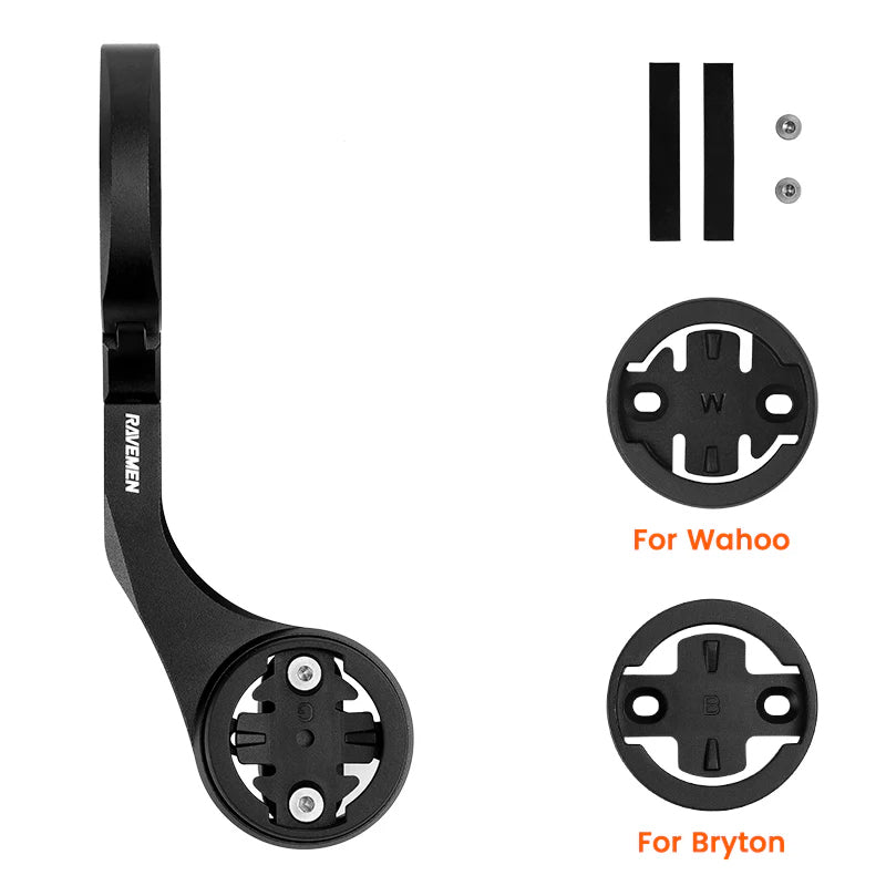 Ravemen AOM02 aluminium out-front mount for Garmin Wahoo Bryton showing mount compatibility and design features.