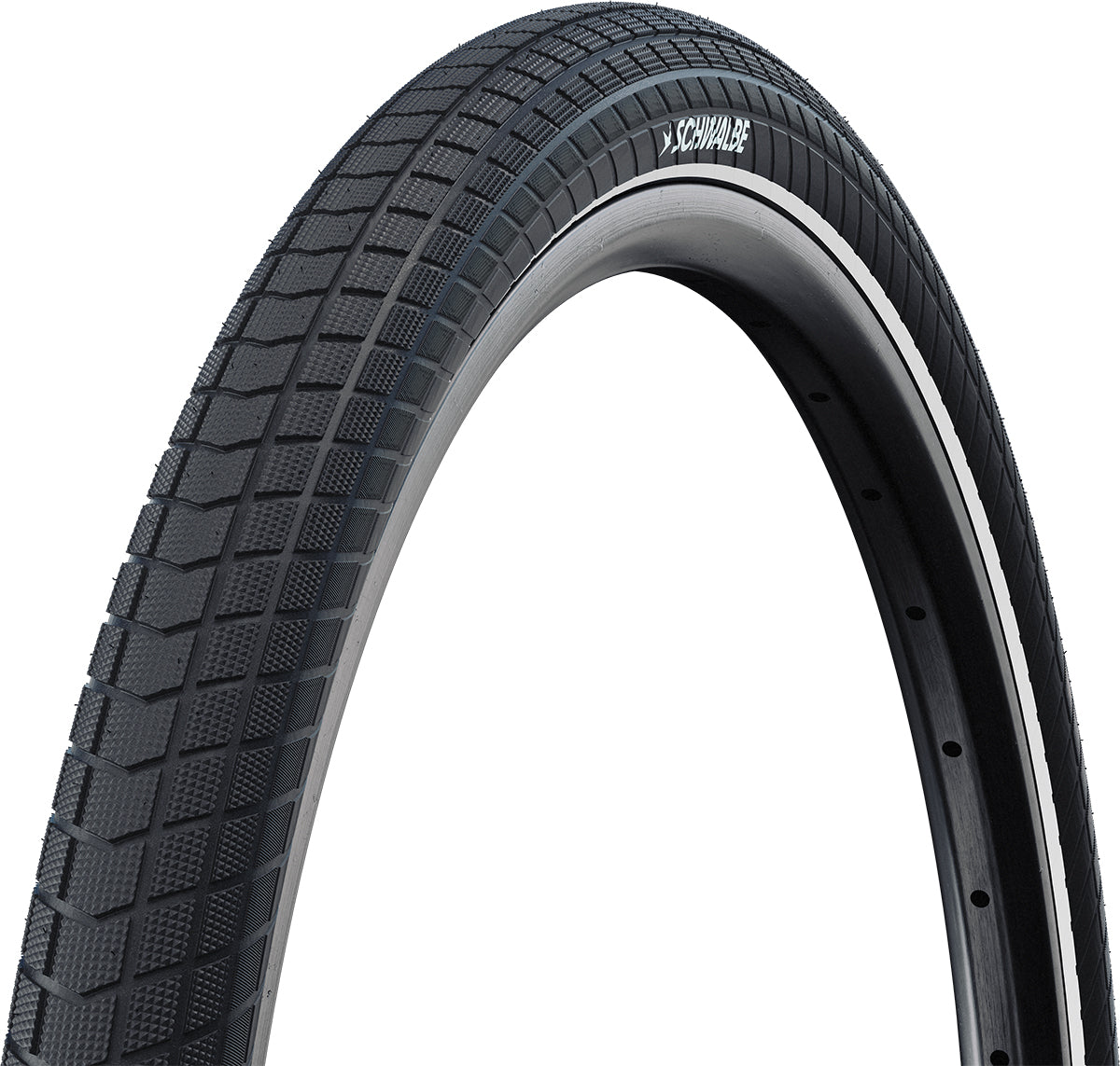 Schwalbe Motion Super Moto-X cargo tyre showing rugged tread design and black/reflex color for e-bikes and cargo bikes.