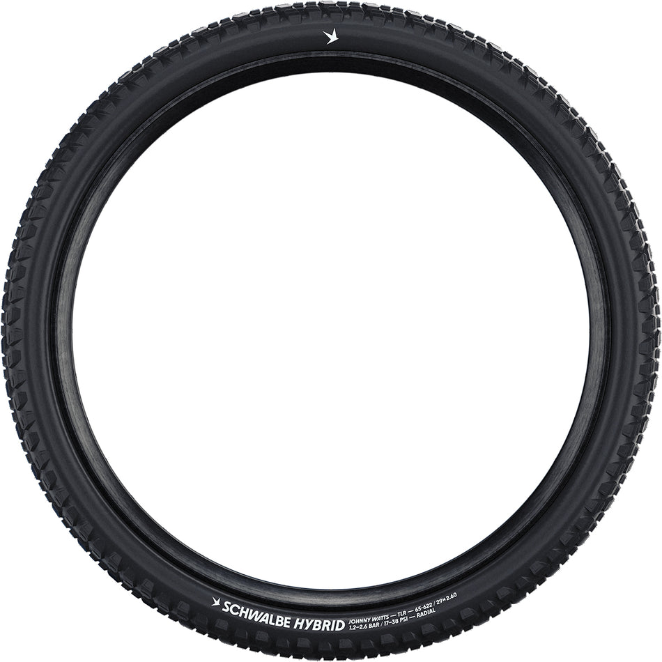 Schwalbe hybrid Johnny Watts tubeless tyre, ideal for SUV e-bikes, showcasing its robust and versatile tread design.