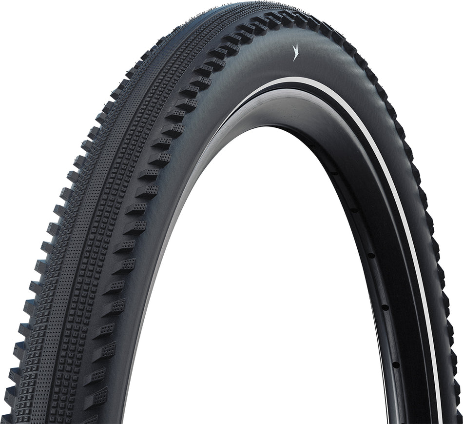 Schwalbe Motion Hurricane Gravel Tyre in Black/Reflex showcasing its tread and design for versatile terrain.