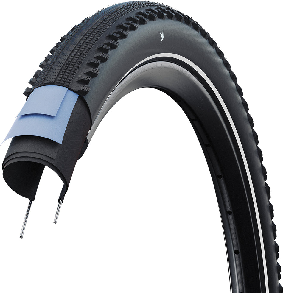 Schwalbe Motion Hurricane Gravel Tyre in Black/Reflex, designed for roads and gravel tracks.