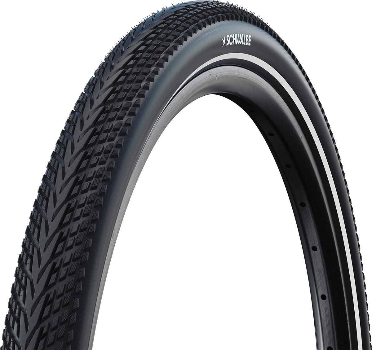 Schwalbe Marathon Almotion tubeless trekking tyre showing tread and design in Black/Reflex suitable for trekking bikes.