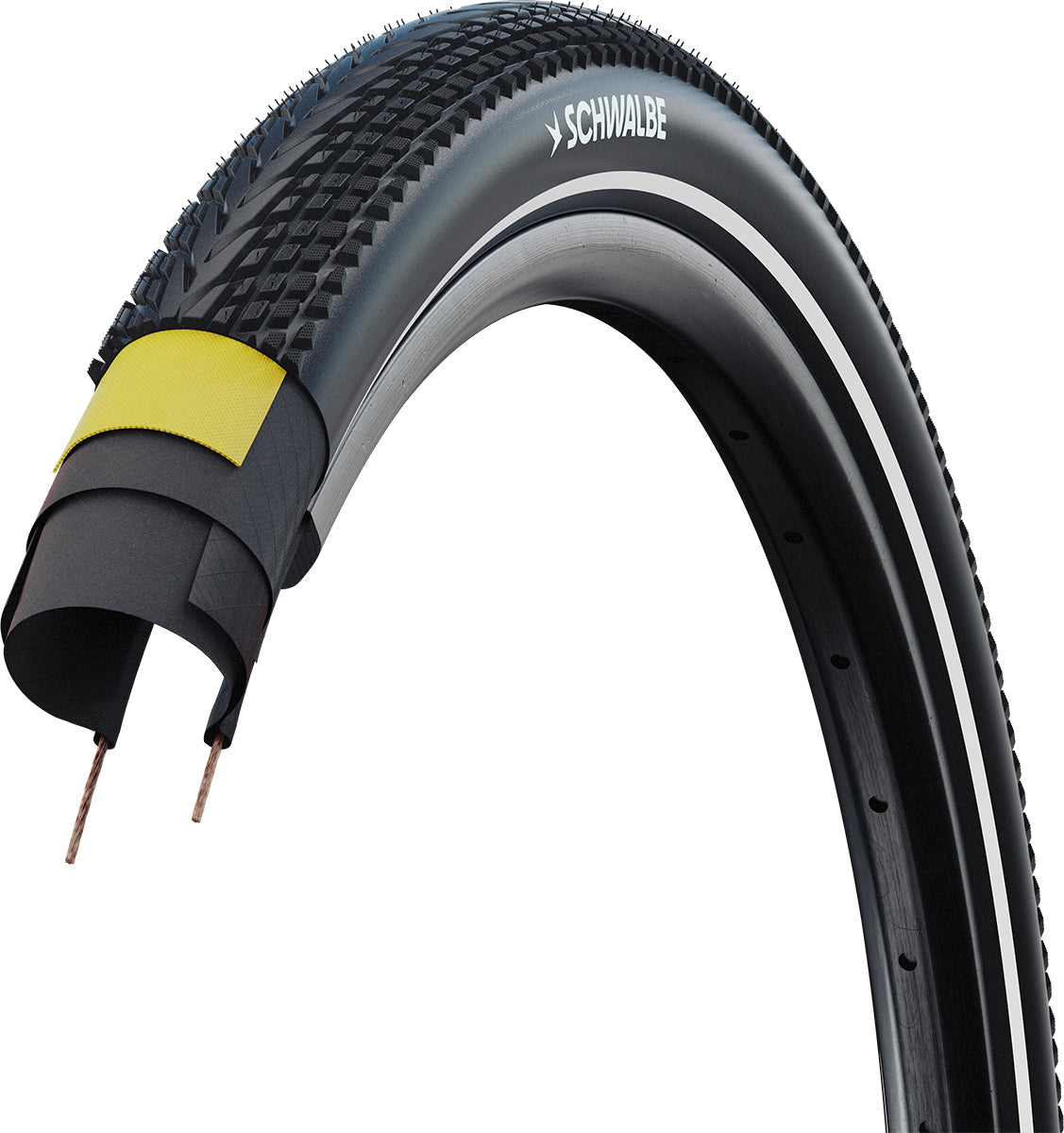 Schwalbe Marathon Almotion tubeless trekking tyre showcased in a black and reflex design, ideal for trekking bikes.