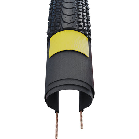 Schwalbe Marathon Almotion tubeless trekking tyre showcasing black design and yellow accent for optimal performance.
