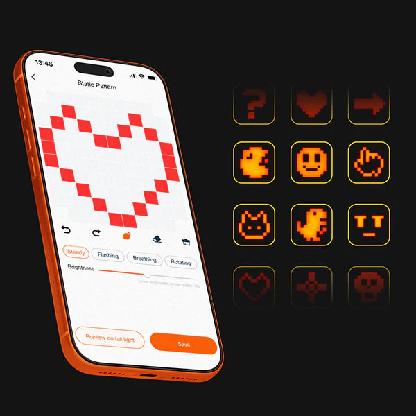 Custom light patterns creation for a rechargeable bike tail light with emoji using the RAVEMEN app.