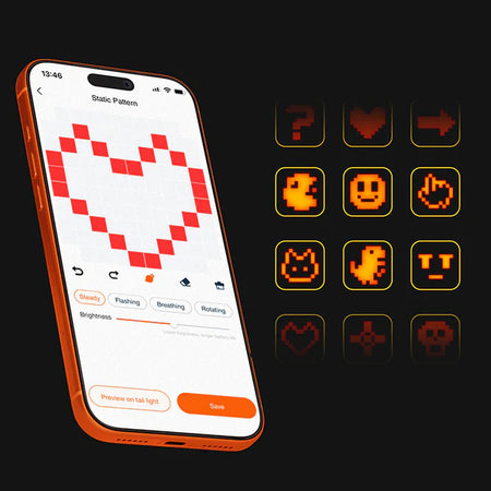Custom light patterns creation for a rechargeable bike tail light with emoji using the RAVEMEN app.