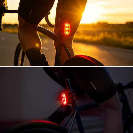 USB rechargeable bike rear light mounted on a bicycle, providing visibility during sunset and nighttime.