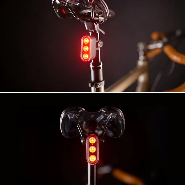 Ravemen TR600 600 Lumens usb rechargeable rear bike light mounted on bike seat post for safety during night rides.