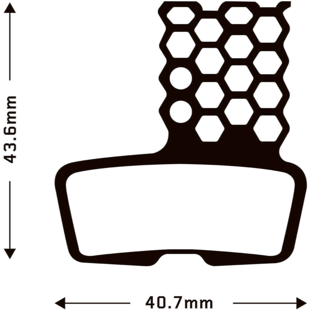 Aztec HexVent disc brake pads for Avid Code dimensions diagram, showing sizes 43.6mm height and 40.7mm width.