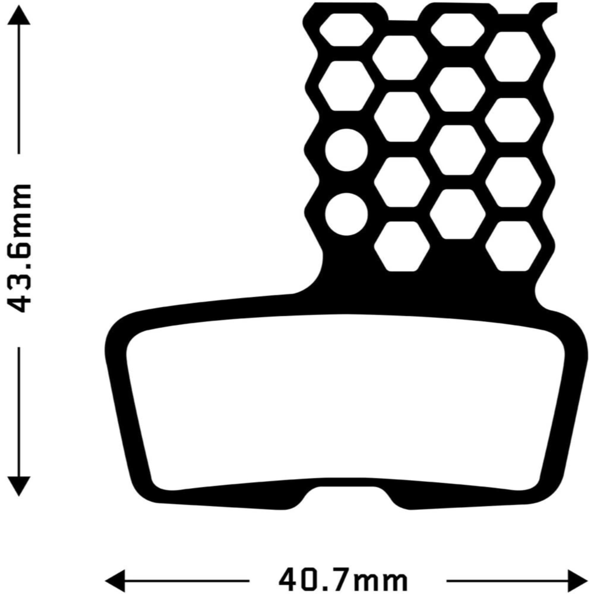 Aztec HexVent disc brake pads for Avid Code dimensions diagram, showing sizes 43.6mm height and 40.7mm width.
