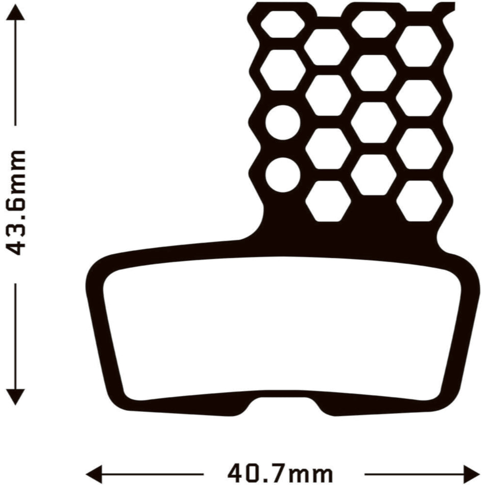 Aztec HexVent disc brake pads for Avid Code dimensions diagram, showing sizes 43.6mm height and 40.7mm width.