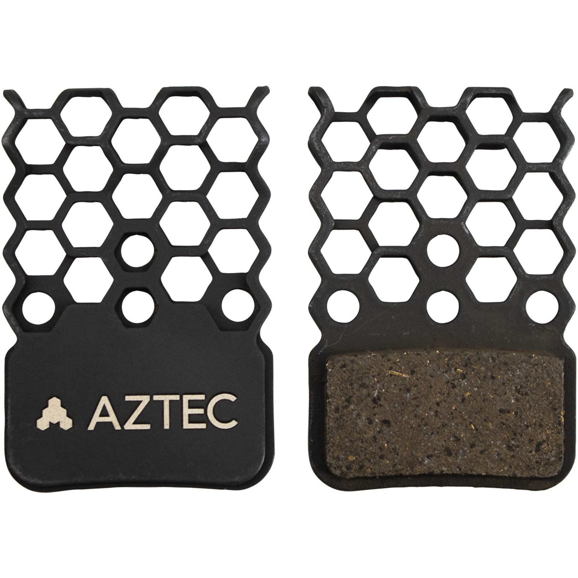 Aztec disc brake pads for SRAM featuring a hexagonal design and patented heat control system.