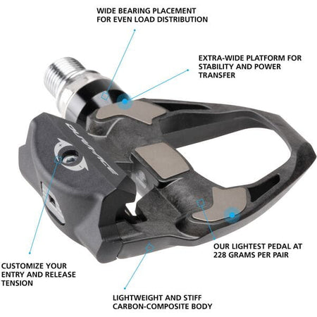 Shimano Dura-Ace SPD SL carbon road pedals with extra-wide platform and lightweight carbon body for optimal performance.