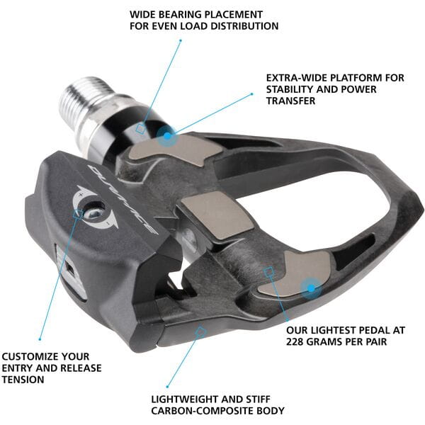Shimano Dura-Ace SPD SL carbon road pedals with extra-wide platform and lightweight carbon body for optimal performance.