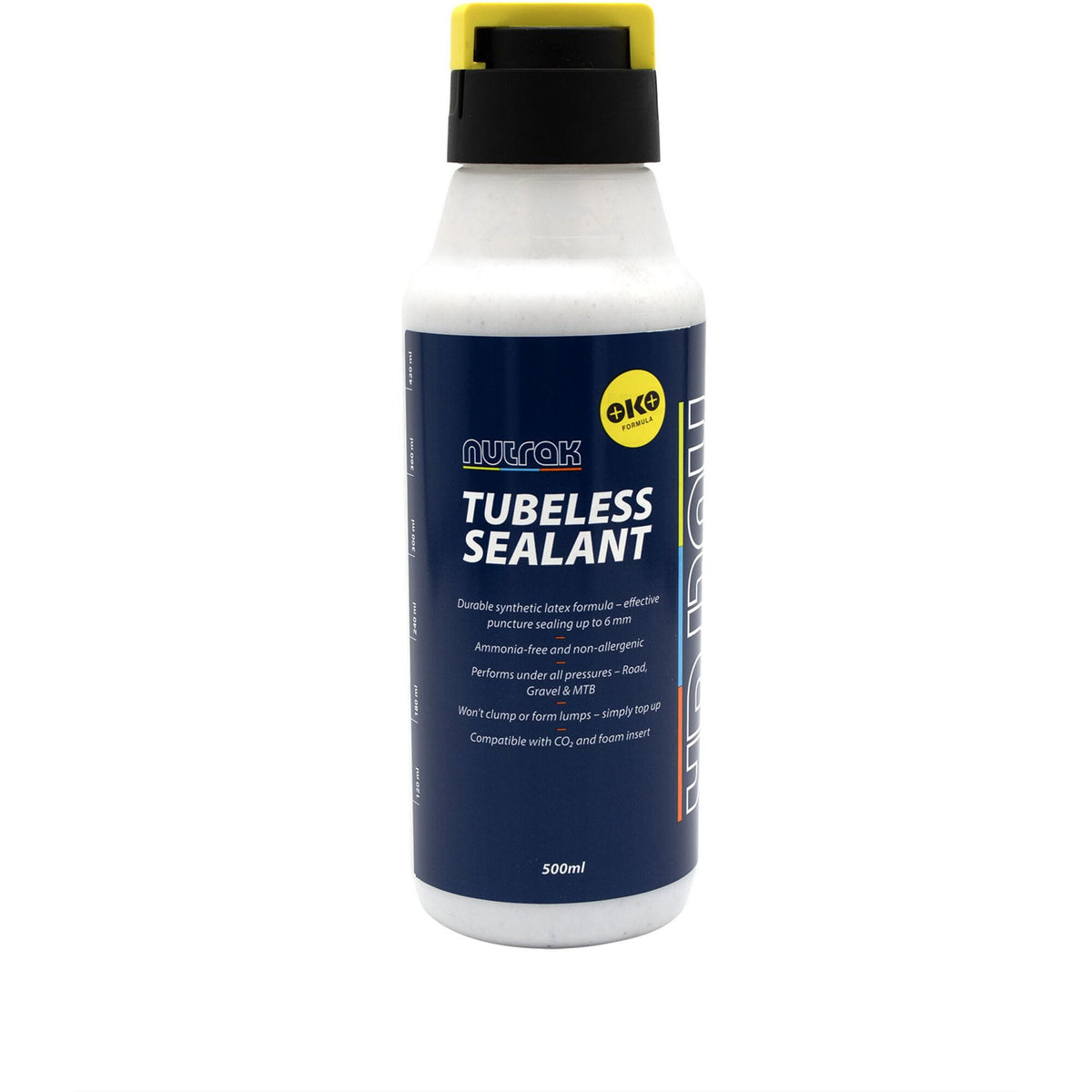 Nutrak Tubeless Bicycle Tyre Sealant bottle featuring a durable synthetic latex formula for puncture protection.