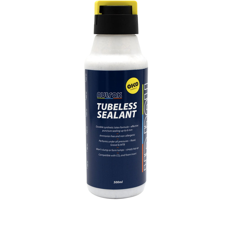 Nutrak Tubeless Bicycle Tyre Sealant bottle featuring a durable synthetic latex formula for puncture protection.