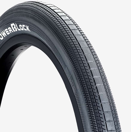Tioga Powerblock 20" BMX Wired Tyre showcasing slick center profile for speed and cornering performance.