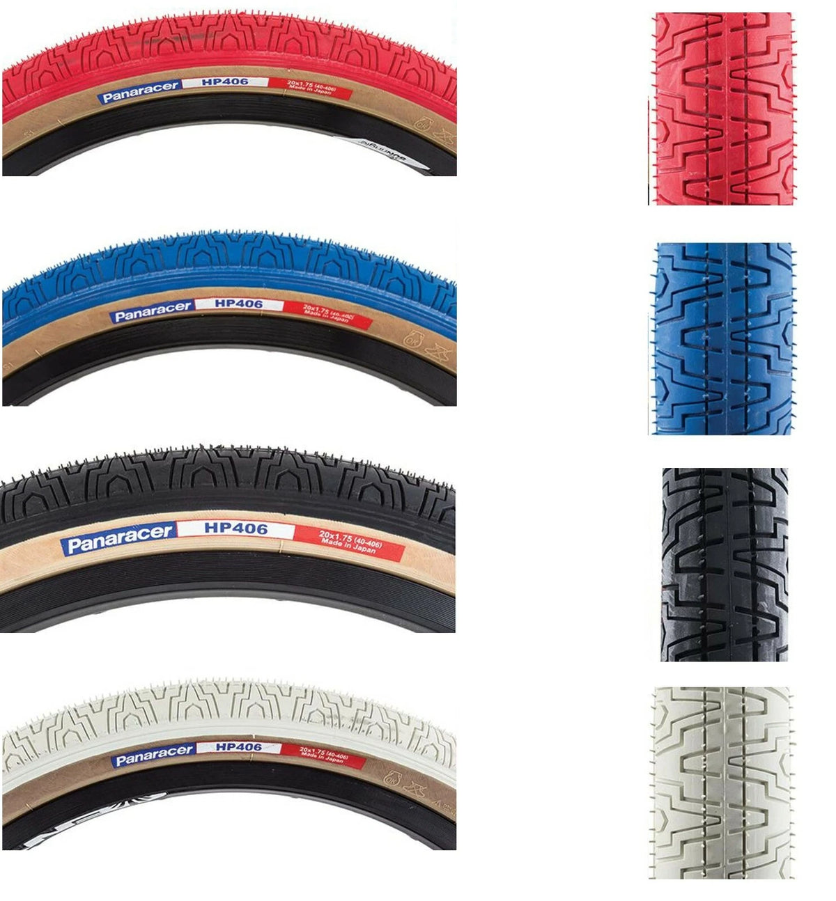 Panaracer HP406 BMX tyre 20 x 1.75 in red, blue, black, and white with amber sidewall.