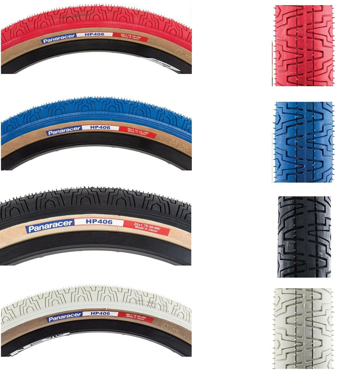 Panaracer HP406 BMX tyre 20 x 1.75 in red, blue, black, and white with amber sidewall.