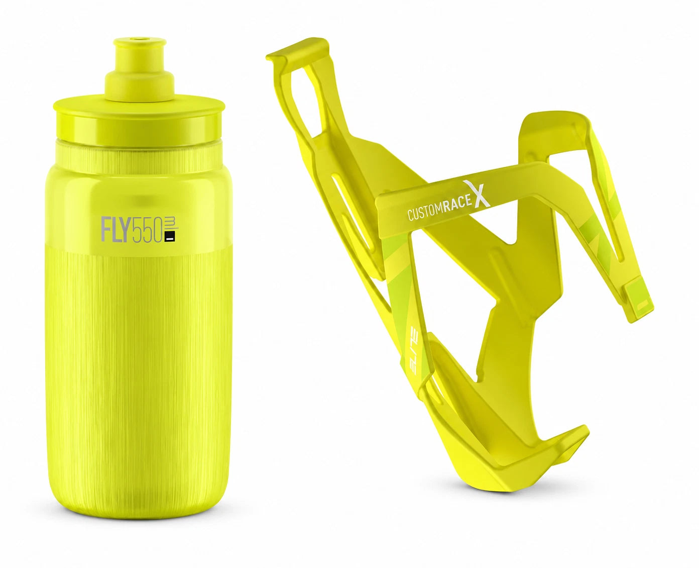 Elite Fly 550ml cycling water bottle bundle in fluro yellow with Custom Race X cage.