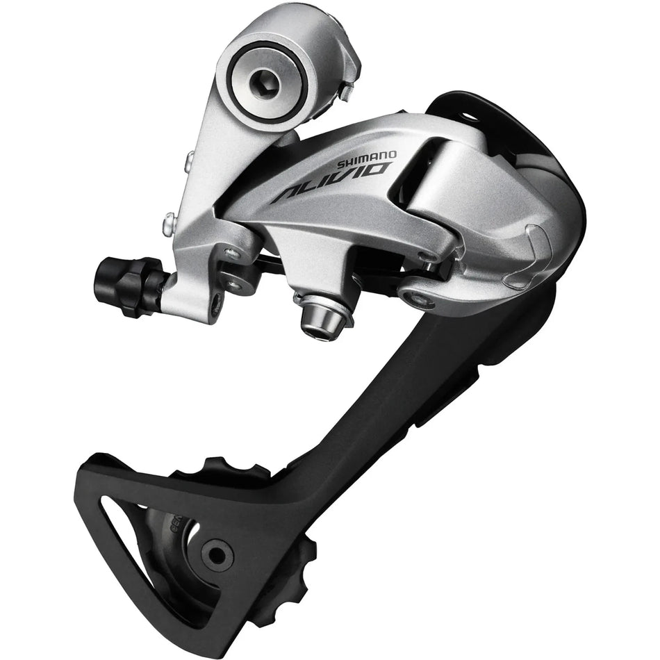 Shimano Alivio 9 speed rear derailleur in silver with alloy body and wide link design.