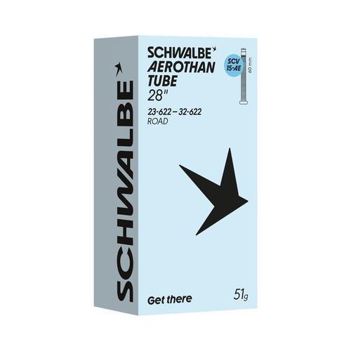 Schwalbe Aerothan Lightweight Inner Tube 28 inch Road Presta Clik Valve 60mm packaging with specifications.