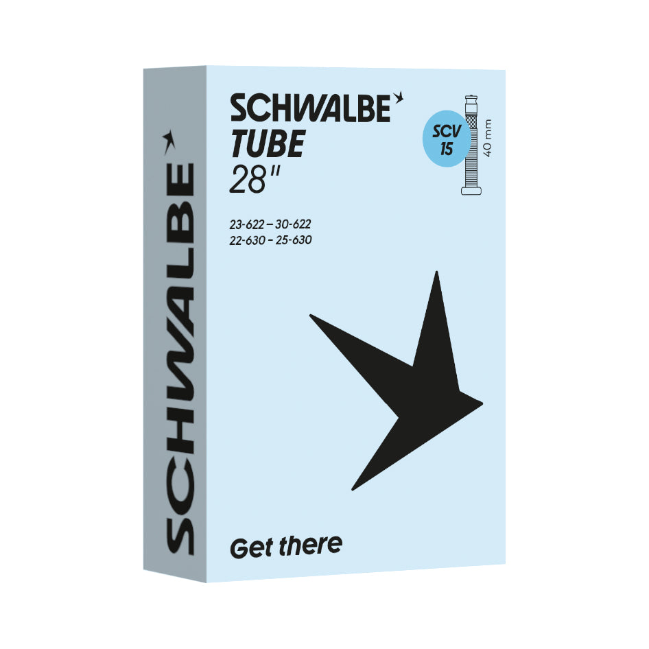 Schwalbe SCV15 700 x 23/30mm Clik Valve Inner Tube 40mm packaging design showcasing easy inflation features.
