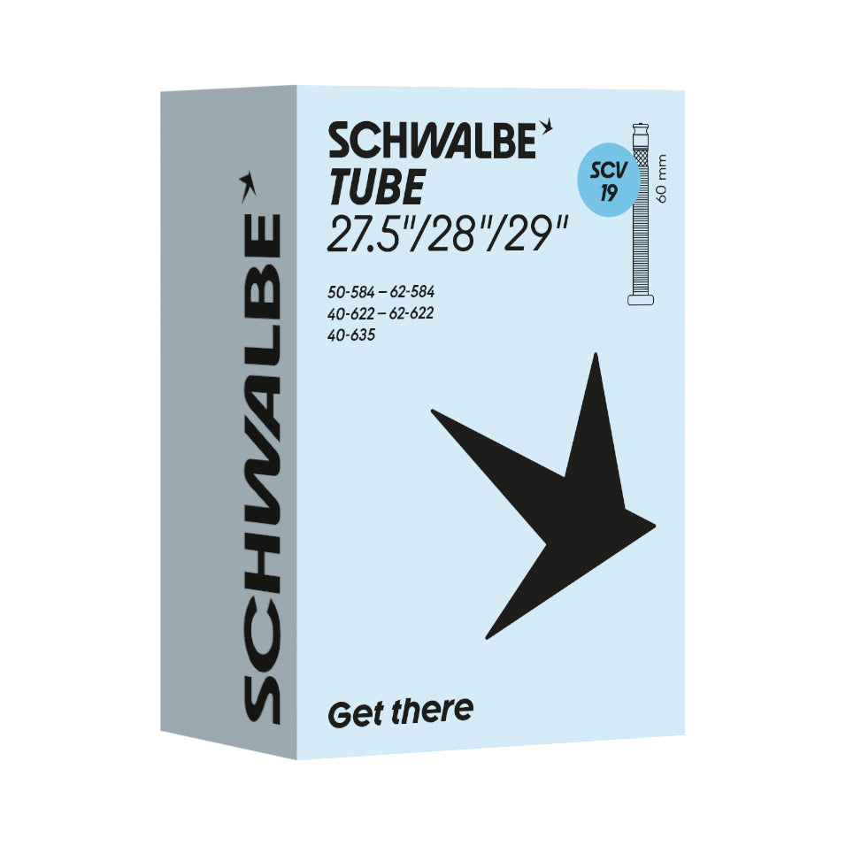 Schwalbe SCV19 27.5 x 2.00" - 29 x 2.40" Clik Valve Inner Tube 60mm packaging with valve specifications.