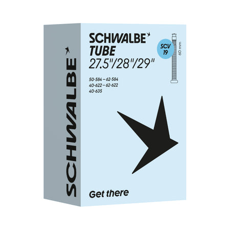 Schwalbe SCV19 27.5 x 2.00" - 29 x 2.40" Clik Valve Inner Tube 60mm packaging with valve specifications.