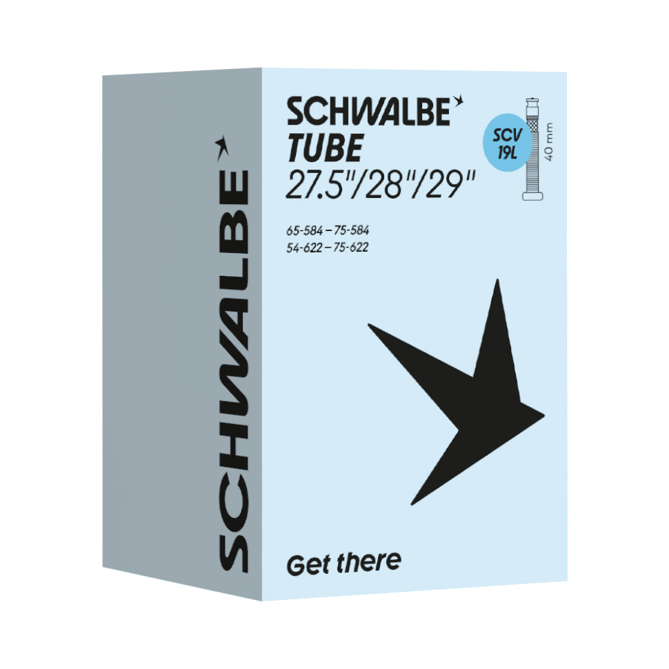 Schwalbe SCV19L 29 x 2.10 - 3.00 Clik Valve Inner Tube 40mm packaging box with dimensions.