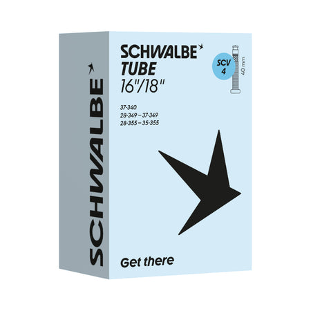 Schwalbe SCV4 16 x 1 3/8" - 18 x 1.35" Clik Valve Inner Tube 40mm packaging with valve details.