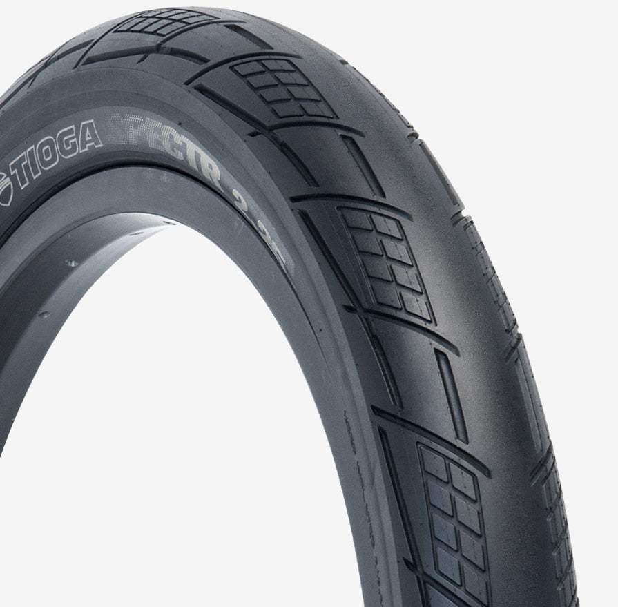 Tioga BMX street wired tyre 20x2.25 showcasing its unique tread pattern and design for enhanced performance.