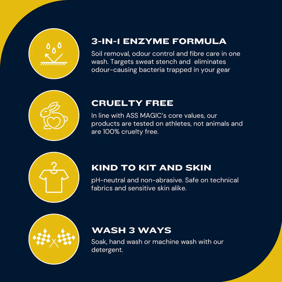 3-in-1 enzyme kit sports gear wash formula: Targets odors, cruelty-free, safe for skin, washes three ways.