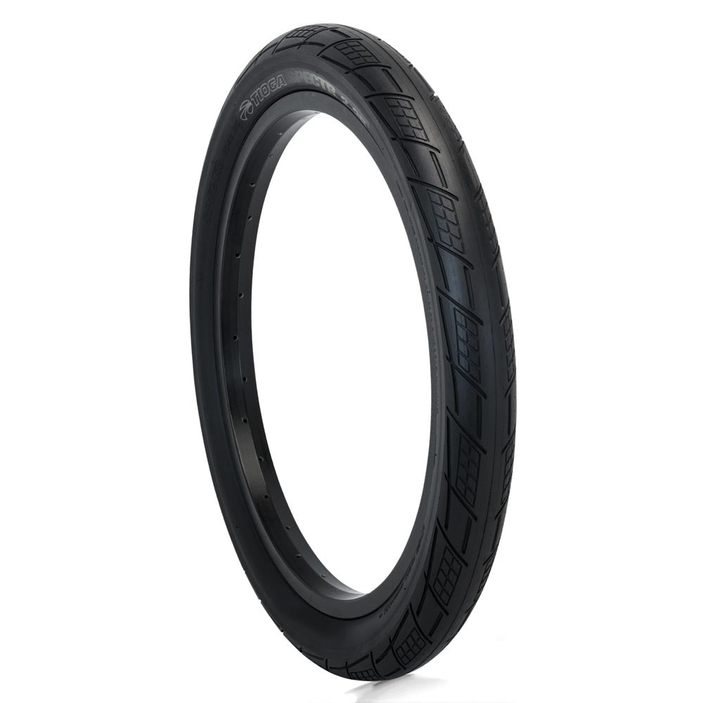 Tioga BMX street wired tyre 20x2.25 showcasing its sleek design and unique tread for optimal performance.